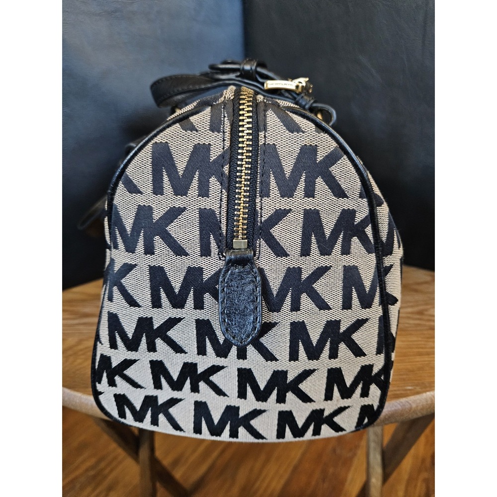 Michael Kors MK Signature Jacquard Satchel Black Beige Gold Hardware Handbag - Picture 8 of 9